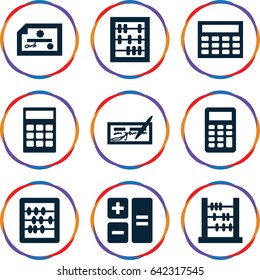 Accounting icons set. set of 9 accounting filled icons such as abacus, calculator, calclator