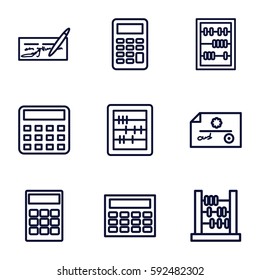 accounting icons set. Set of 9 accounting outline icons such as calculator, abacus, check
