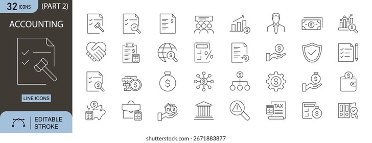 Buchungssymbole festgelegt. Umfasst Rechner-, Finanz-, Berichts-, Audit- und Budgetsymbole. Bearbeitbarer Strich. Liniensymbole Perfekt für Unternehmens-, Bank- und Steuerinformationen.