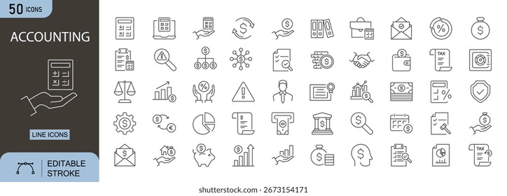 Accounting icons set. Includes icons for calculator, ledger, invoice, tax, finance, and audit. Editable stroke. Line icons. Perfect for infographics.