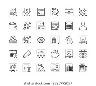 Iconos de contabilidad. Iconos de línea del vector establecidos. Cálculo de negocio, formulario de impuestos, presupuesto, contabilidad, conceptos de contabilidad. Símbolos de trazo de contorno negro