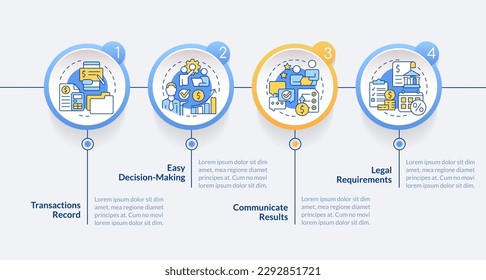 Accounting importance blue circle infographic template. Data visualization with 4 steps. Editabe timeline info chart. Workflow layout with line icons. Lato-Bold, Regular fonts used
