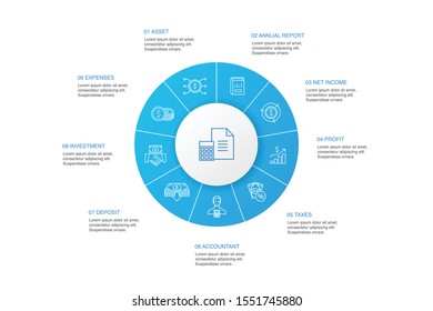 Accounting Infographic 10 steps circle design.Asset, Annual report, Net Income, Accountant simple icons