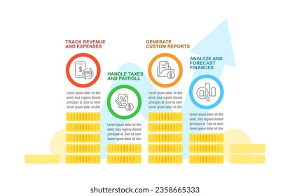 Plantilla de diseño de gráficos de infografía de contabilidad. Seguimiento de dinero. Software de librería. Gráfico de infografías editable con iconos. Gráficos instructivos con secuencia de pasos. Presentación de datos visuales. Tipo de letra arial utilizado
