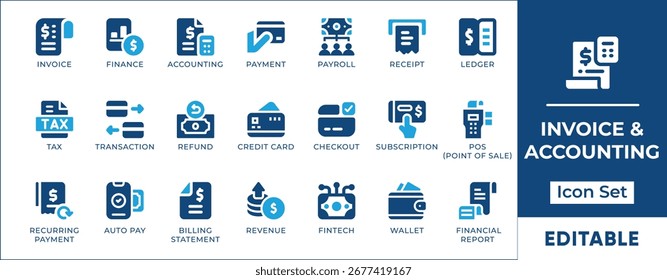 SymbolSet "Buchungen und Fakturierungen", Enthält Rechnungen, Fakturierungen, Zahlungen, Bücher, Lohn- und Gehaltsabrechnungen und Steuern. Bearbeitbare Icons, bereit für Web, Apps, Präsentationen und Berichte.