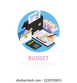 Accounting isomeric round composition with budget calculation on blue background vector illustration