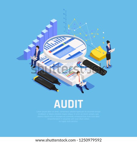 Accounting isometric composition with charts documentation and human characters during audit on blue background vector illustration