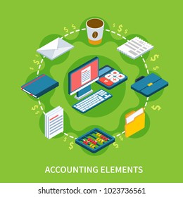 Accounting isometric composition with flat dollar signs and solid stuff icons representing different elements of workspace vector illustration