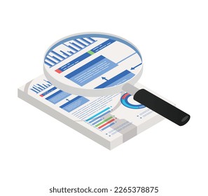 Isometrische Zusammensetzung der Rechnungslegung mit isolierten Symbolen für das Finanzkonzept auf unscharfem Hintergrund, Vektorgrafik