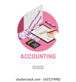 Accounting Isometric Design Concept With Calculator Cash Money And Head Approving  Budget Of Firm Vector Illustration