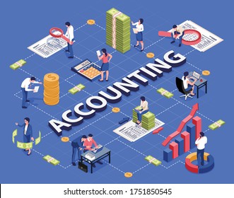 Accounting isometric flowchart with analyzing financial documents transactions with calculator laptop magnifier pile coins banknotes vector illustration  