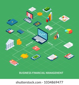 Accounting isometric flowchart with isolated icons of icons with computer files money coins and diagram images vector illustration