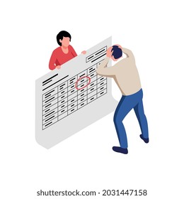 Accounting isometric icon with character in panic looking at financial document vector illustration