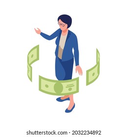 Accounting isometric icon with female character in office wear and banknotes flying around her 3d vector illustration