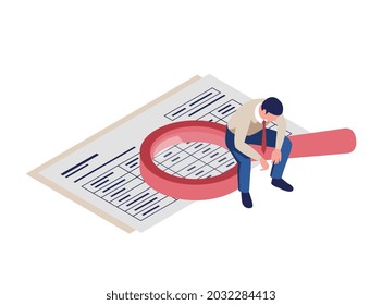 Icono isométrico contable con lupa de documento financiero e ilustración de vector hombre triste