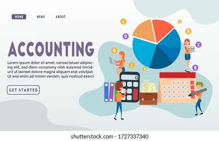 accounting landing page, team of deadline workers, circle chart and office lady help