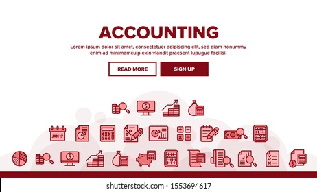 Accounting Landing Web Page Header Banner Template Vector. Magnifier With Money Bank Note And Report Or Register List, Coin On Monitor Accounting Illustration