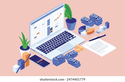 Ilustración de la computadora portátil de contabilidad - computadora con hoja de cálculo en la pantalla, dinero, gráficos y contrato que muestra el trabajo financiero y presupuestario. Vector de diseño de perspectiva isométrica