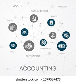 Accounting layout template, modern concept infographics. Asset, Annual report, Net Income, Accountant icons