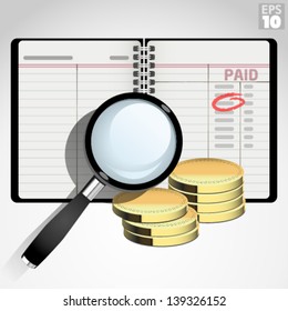 Accounting ledger with paid accounts and magnifying glass for audit.