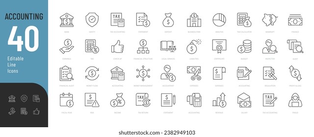 Juego de iconos editables de línea de contabilidad. Ilustración vectorial en línea delgada estilo moderno de los iconos relacionados con los cálculos financieros: impuestos, presupuesto, beneficios financieros, auditoría y más. Aislado en blanco.