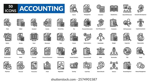 accounting line icon collection set. Includes forecast, report, audit, analysis, occupation, job, account, statement, transaction, return, bookkeeping