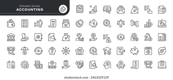 Accounting line icon set. Accountant, financial calculation,audit and analysis, risk, savings, income, expenses, assets. Outline vector icon in linear style. Conceptual pictogram collection.