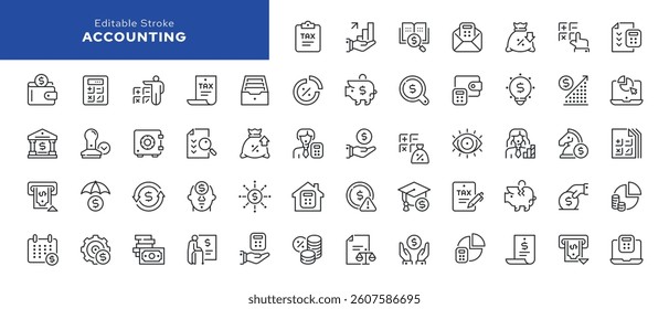 Accounting line icon set. Accountant, financial calculation,audit and analysis, risk, savings, income, expenses, assets. Outline vector icons in linear style. Series of pictograms.