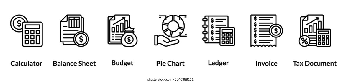 Conjunto de iconos de línea contable. Calculadora, Balance General, Presupuesto, Gráfico Circular, Libro Mayor, Factura, Documento de Impuestos