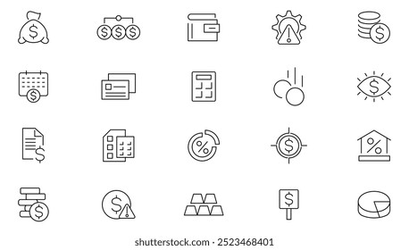 Accounting line icon set. Containing workload, motivation, expectation, goal, recognition, appreciation, Taxes, audit, finance, money, and business line icon set. UI thin line icon pack.