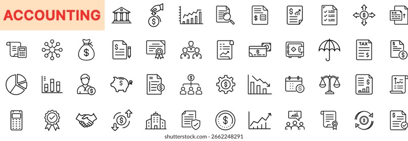 Conjunto de iconos de línea de contabilidad con gráfico circular, gráfico de barras, formulario de impuestos, calculadora, Factura, banco, hoja de presupuesto, libro mayor, escala de saldo, apretón de manos, archivo de auditoría, bolsa de dinero, paraguas e icono de informe comercial 
