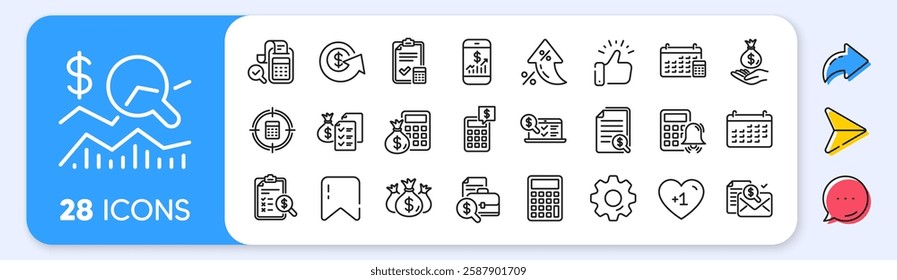 Accounting line icons. Interest rate, AI generate, Inflation icons. Set of Calculator, Check investment and Report icons. Calendar, Banking account and Finance accounting report document. Vector