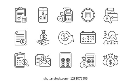 Accounting line icons. Report, Calculator and Checklist. Money linear icon set.  Vector