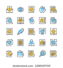 Accounting line icons. Set of bookkeeping icons. Black, blue and yellow colors. Modern outline graphic design. Vector line icons set