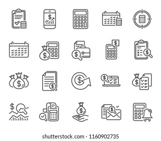 Accounting line icons. Set of Calculation, Check investment and Report linear icons. Calendar, Banking account and Finance documents symbols. Bill, Calculate income and Wealth auditing signs. Vector