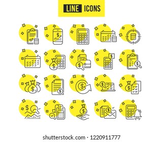 Accounting line icons. Set of Calculation, Check investment and Report linear icons. Calendar, Banking account and Finance documents. Bill, Calculate income, Wealth auditing signs. Report vector