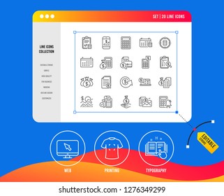 Accounting line icons. Set of Calculation, Check investment and Report linear icons. Calendar, Banking account and Finance documents symbols. Bill, Calculate income and Wealth auditing signs. Vector