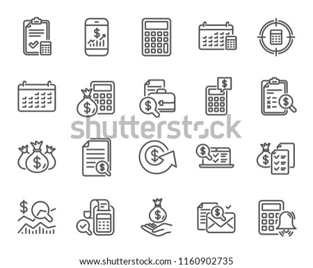 Accounting line icons. Set of Calculation, Check investment and Report linear icons. Calendar, Banking account and Finance documents symbols. Bill, Calculate income and Wealth auditing signs. Vector
