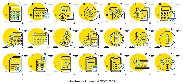 Accounting line icons. Set of Calculator, Check investment and Report icons. Calendar, Banking account and Finance accounting report document. Bill, Calculator and Wealth auditing. Vector