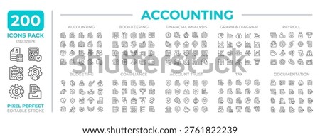 Accounting line icons set collection. bookkeeping work. Financial documents analytics. Budgeting mega pack of linear pictograms, pixel perfect. Isolated vector illustrations. Editable stroke