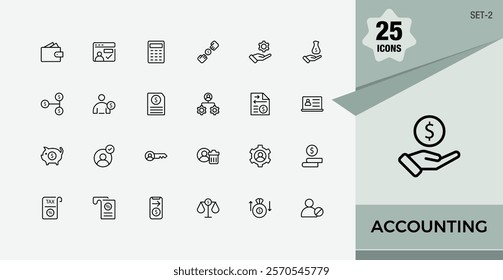 Accounting line icons set. Containing analysis, marketing, bank, set, finance, sign, earning and more. Minimal linear icons. Vector illustration in modern line style.