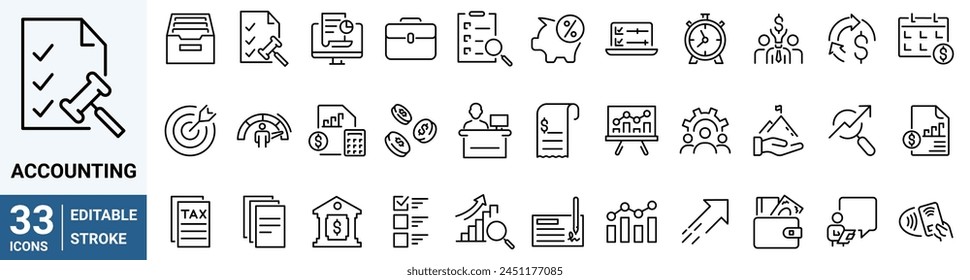 Accounting line web icons Money and Coins. Audit, financial report editable stroke outline icons set