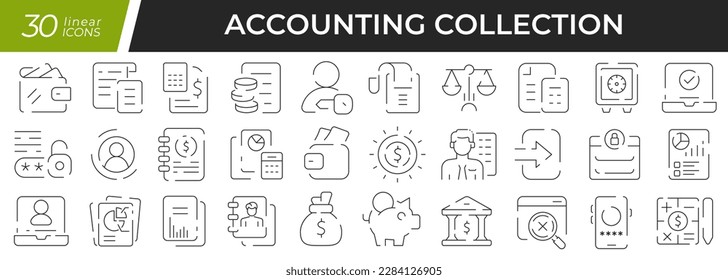 Juego de iconos lineales de contabilidad. Colección de 30 iconos en negro