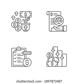 Juego de iconos lineales de contabilidad. Incremento de los activos en efectivo de su negocio. Gestión de la cuenta bancaria de la empresa. Símbolos de contorno de línea delgada personalizables. Ilustraciones aisladas del contorno vectorial. Trazo editable