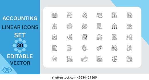 Accounting Linear Icons Set. investment, graph, char and more. Outline vector icon in linear style. Editable stroke. Vector illustration.