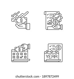 Accounting linear icons set. Mananging business bank accounts. Financial plan for company. Customizable thin line contour symbols. Isolated vector outline illustrations. Editable stroke