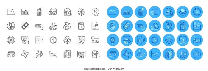Accounting, Loan percent and Change money line icons pack. Diagram chart, Discounts calendar, Wallet web icon. Payment, Sale, Rise price pictogram. Discount, Discounts app, Checklist. Vector