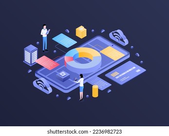 Administración de Contabilidad Isometric Dark Gradient Illustration. Adecuado para aplicaciones móviles, sitio web, banner, diagramas, infografías y otros activos gráficos.