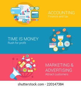 Accounting marketing advertisement concept flat icons set of time is money profit finance tax and vector web banners illustration print materials website click infographics elements collection