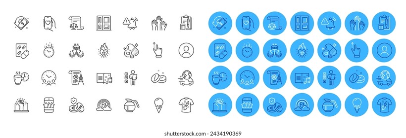 Accounting, Medical tablet and Coffee break line icons pack. Touchscreen gesture, Coffeepot, Empower web icon. Capsule pill, Savings insurance, Ship pictogram. Attention bell. Vector